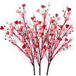 3 Pack Lighted Valentine's Day Decoration, 30" Tall Artificial Red Pink Heart Shaped Berry Picks with 60LED Lights Timer Lighted Branches for Vases Valentine's Day Gifts Anniversary Wedding