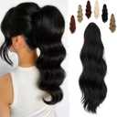 FELENDY 16" Ponytail Extension Long Curly Wavy Ponytails Clip in Claw Hair Extension Pony Tails Natural Looking Synthetic Hairpiece for Women Natural Black
