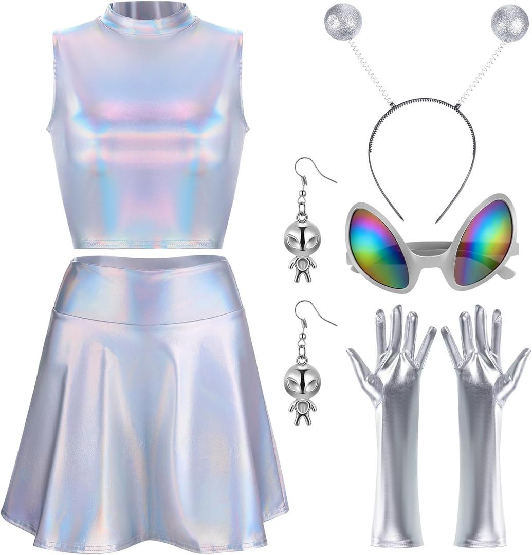 Panitay 7 Pcs Halloween Alien Costume for Women Holographic Metallic Skirt and Top Headband Glove Glasses Earring Necklace (Large)