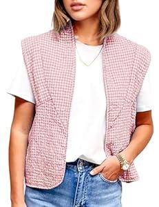 VAOYIU Womens Cropped Puffer Vest Lightweight Sleeveless Plaid Printed Cotton Quilted Vest Outwear(8-Red-Brown-M)