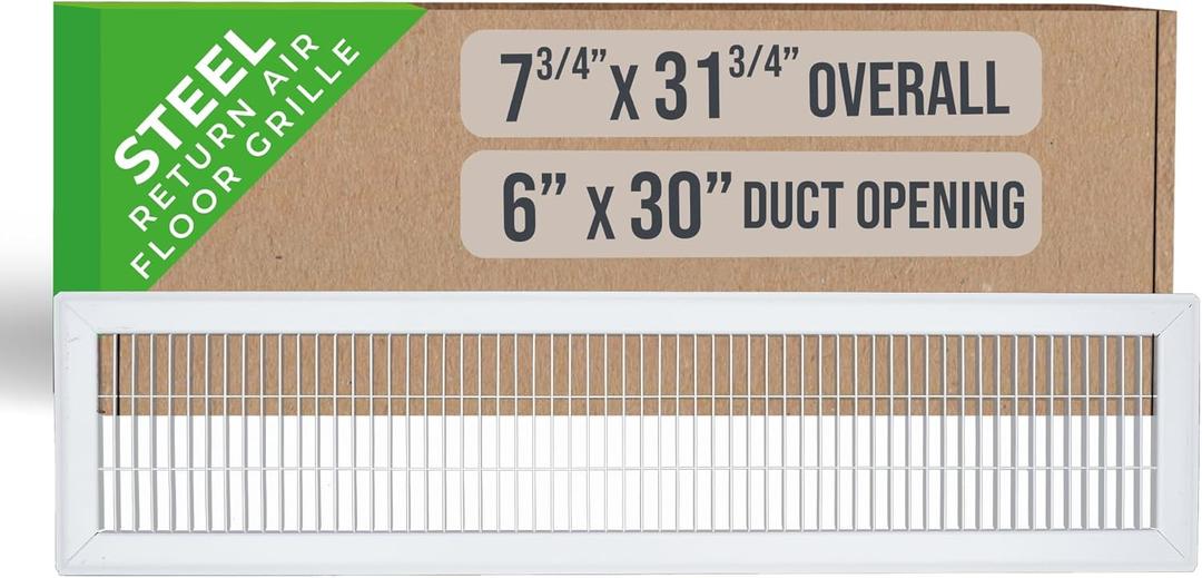 Fits 6x30 and 30x6 Duct Opening | Return Air Floor Grille by Handua | Walkable Vent Cover Grill for Floor | White | Heavy Duty Fixed Blades | Outer Dimensions: 7.75"W X 31.75"H