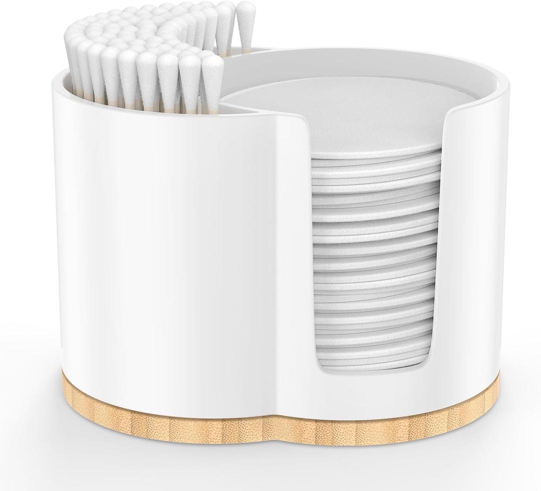 Cotton Pad and Swab Holder, Q tip Holder Round Cotton Pad Dispenser Plastic Cotton Swabs Dispenser, Bathroom Accessories Storage Organizer for Cotton Pads Floss Picks, White