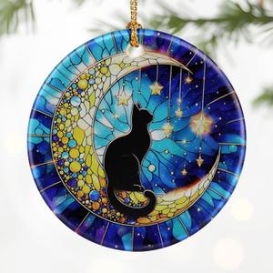 10 x Black Cat Ornament  Christmas Decoration & Christmas Ornament; Round Ceramic (Holiday Present, Bauble Present, Gift Idea, and Gift Exchange) | Heirloom Keepsake