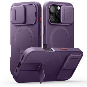 SURITCH for iPhone 16 Pro Case with Slide Camera Cover and Adjustable Kickstand, Compatible with MagSafe, Shockproof Bumper Case Slim Protective Cover for iPhone 16 Pro 6.3 Inch, Dark Purple