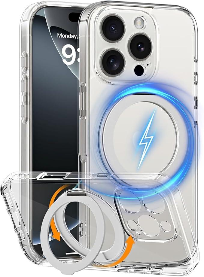 COOLQO for iPhone 16 Pro Max Case, Compatible with MagSafe, 360° Magnetic Ring Holder Silver Stand