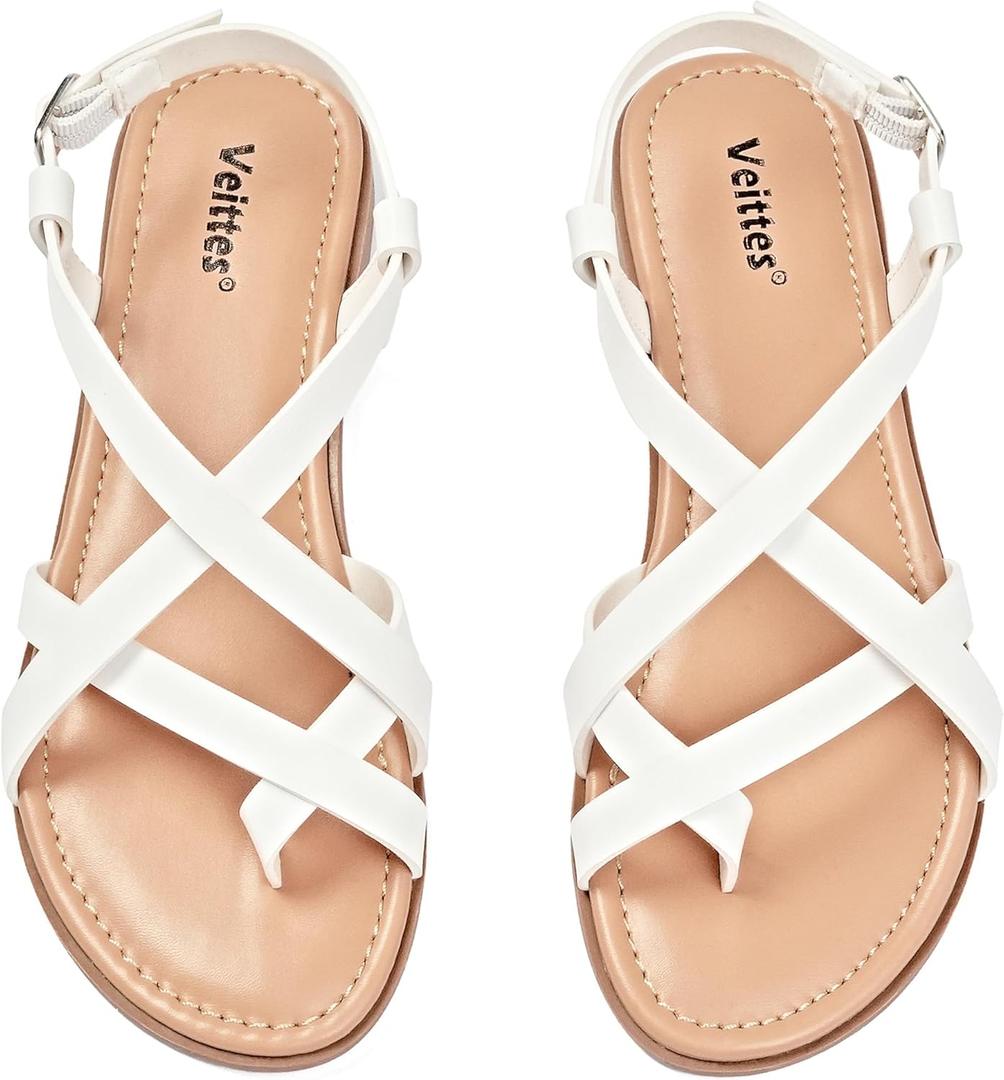 Veittes Women's Gladiator Flat Sandals - Casual Criss Cross Ankle Strap Design, Round Toe, Comfortable Rubber Sole, lightweight Summer Beach Toe Ring Thong Sandals (9, White)