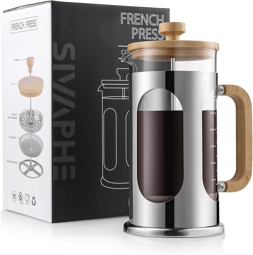 Sivaphe 34 oz French Press Coffee Maker No-Plastic, Borosilicate Glass Bamboo Lid and Handle Coffee Tea Press 8 cup, 1000ml Coffee Milk Forther with Stainless Steel Holder and Resuable Filters (Clear)