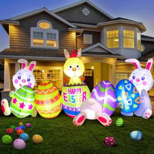 Shappy 7.2 ft Long Easter Inflatable Bunny Outdoor Decorations with Egg Chick Lighted Easter Bunny Blow up Yard Decorations, Built-in LED Lights for Outdoor Holiday Yard Garden Lawn Party