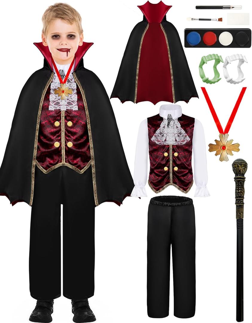 Vampire Costume Boys Gothic Halloween Costume with Cape & teeth Cane Necklace Vampire Accessories (3-4year, Red)