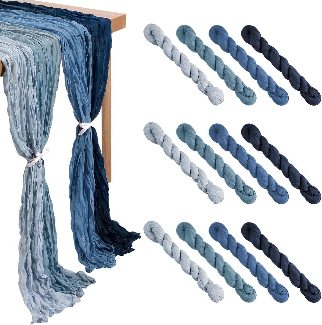 Remagr 12 Pcs Gradient Blue Cheesecloth Gauze Table Runners Boho Wedding Decor Rustic Sheer Runner for Wedding Table Bridal Shower Birthday Party Decorations