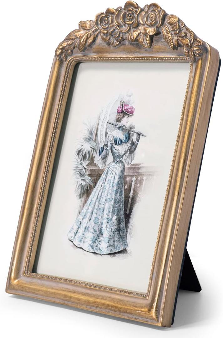 Vintage 5x7 Picture Frame with Flower Antique Ornate Table Top and Wall Mounting Photo Frame with High Definition Glass Front for Home Decor, Photo Gallery, Art (5x7, Gold)