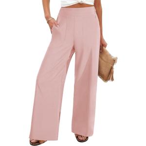 FireSwan Women's Wide Leg Work Pants High Elastic Waist Dress Palazzo Pants Trousers with Zipper Pockets (Pink L) (L)