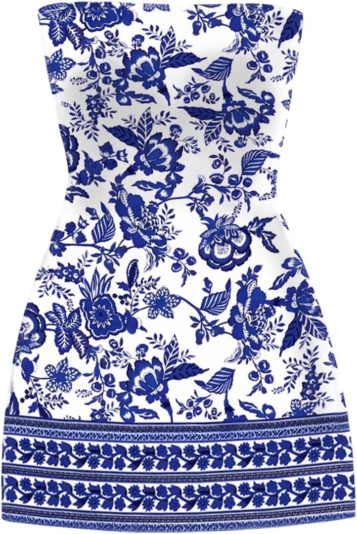 OYOANGLE Women's Strapless Bodycon Short Dress Floral Print Beach Vacation Boho Summer Dresses (Blue, S)
