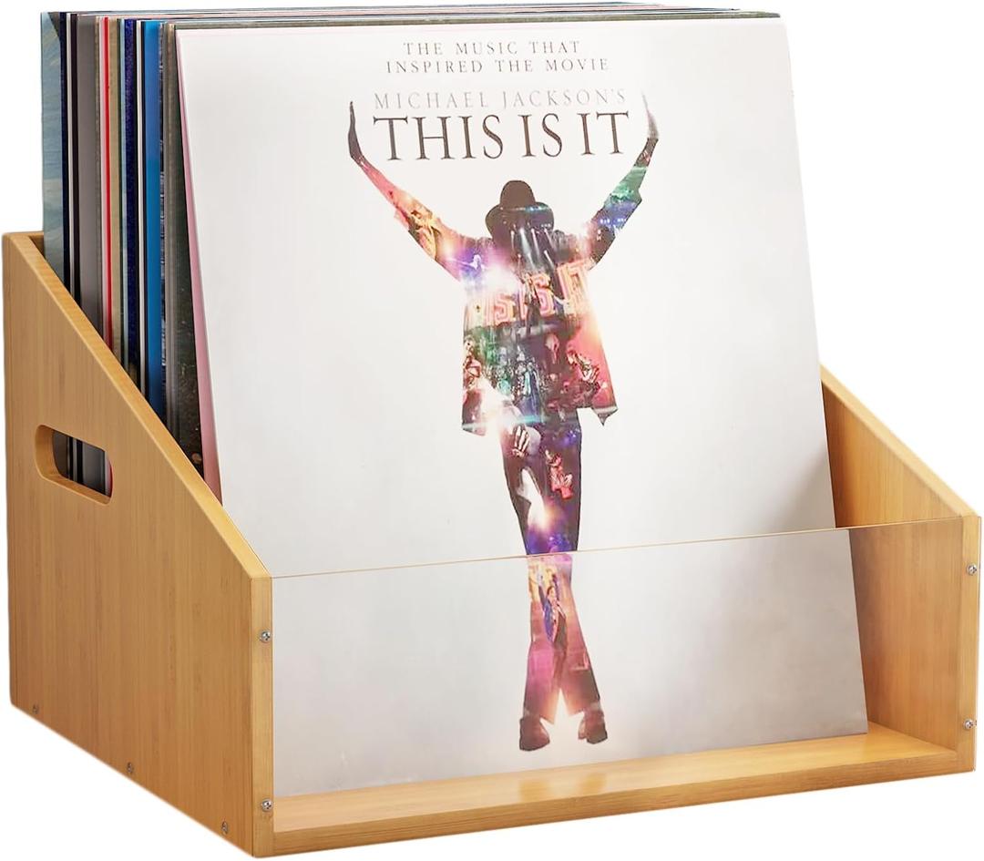 Vinyl Record Storage Visual Record Crates Album Storage for Vinyl Records Bamboo Record Holder with Handles Great for Record Album Magazine Storage Holds Up to 65 Records