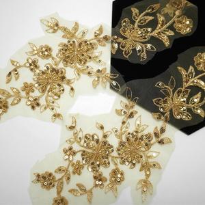 One Pair 3D Beaded Embroidery Sequin Lace Applique Gold Mirror Sew On Flower Fabric Collar Patch Motif Wedding Gown Dress BridalDIY Crafts