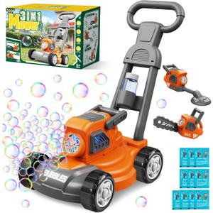 Bubble Lawn Mower for Kids, 3-in-1 Bubble Machine Blower with 10 Bubble Solution, Outdoor Push Toys for Toddlers Ages 3-8, Birthday Easter Summer Gift for Boys Girls 3 4 5 6 7 8 Year Old (Orange)