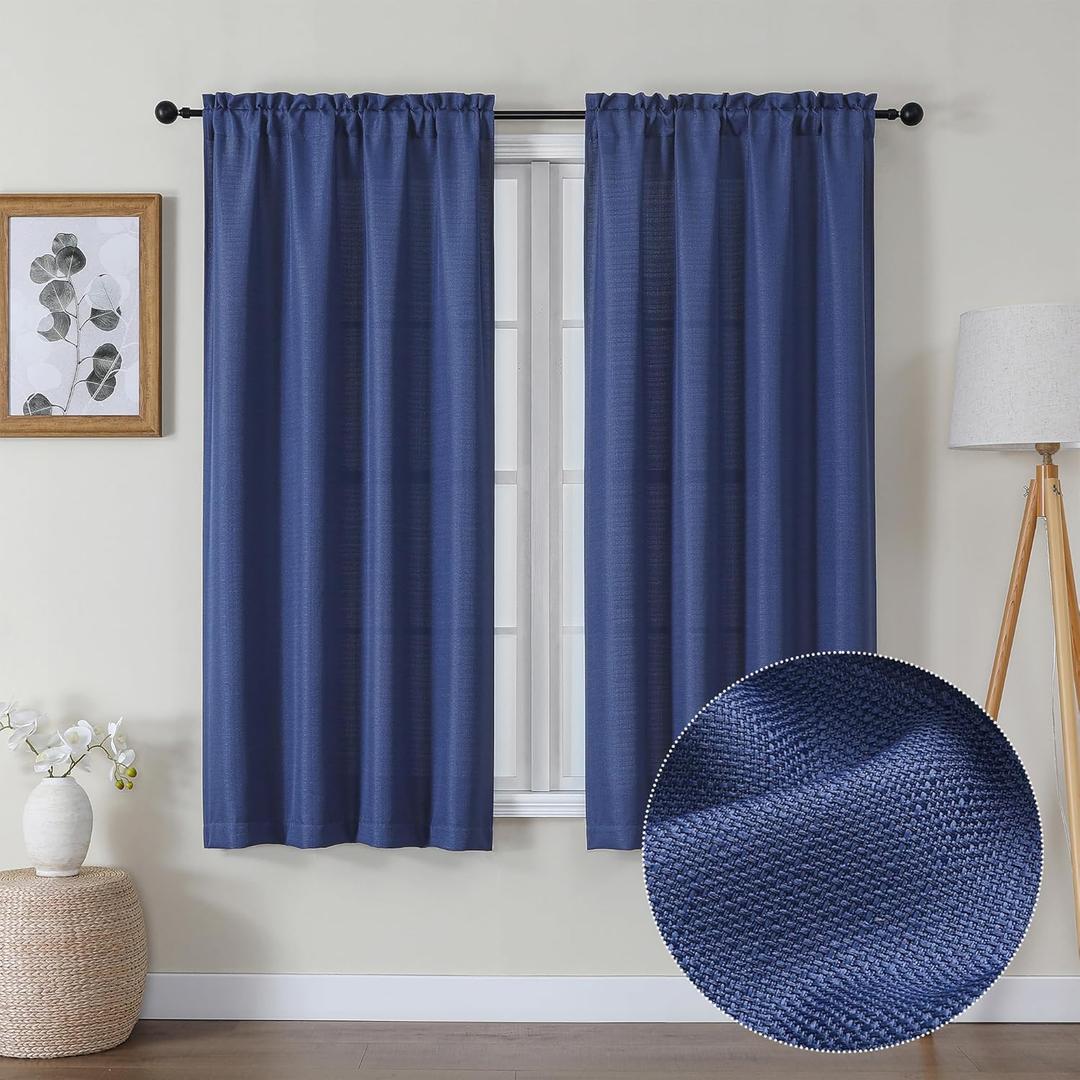 Lecloud Bessie Blue Curtains 63 Inch Length 2 Panels, Elegant Light Filtering & Privacy Drapes with Dual Rod Pocket, Breathable Faux Linen Textured Curtains for Bedroom Living Room, Each 40 W x 63 L