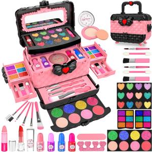54 Pcs Kids Makeup Kit for Girls, Princess Real Washable Pretend Play Cosmetic Set Toys with Mirror, Birthday Gifts for 3 4 5 6 7 8 9 10 Years Old Girls Kids (Pink)