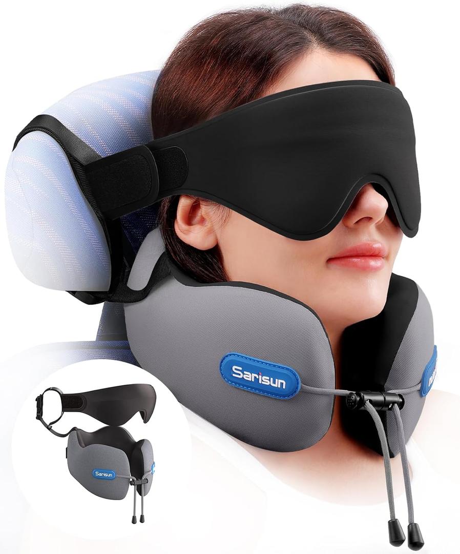 SARISUN Travel Neck Pillow for Airplane with Head Support Strap and 3D Eye Mask, Dual Density Foam Neck Support Airplane Travel Pillow for Long Flights/Car Road Trips/Office Naps, Grey