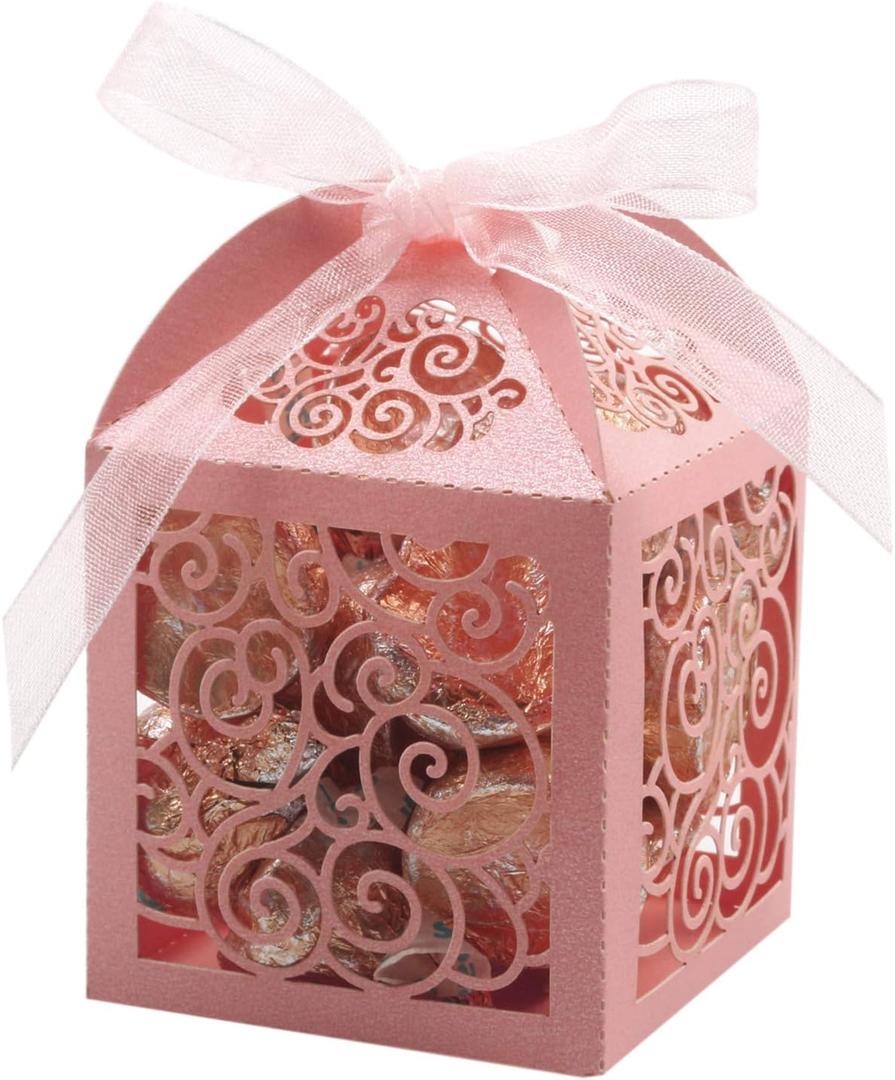 KPOSIYA 100 Pack Wedding Favor Boxes Laser Cut Boxes Party Favor Box Small Gift Boxes Lace Candy Boxes for Wedding Bridal Shower Baby Shower Birthday Party Anniverary with Ribbons (Pink, 100)