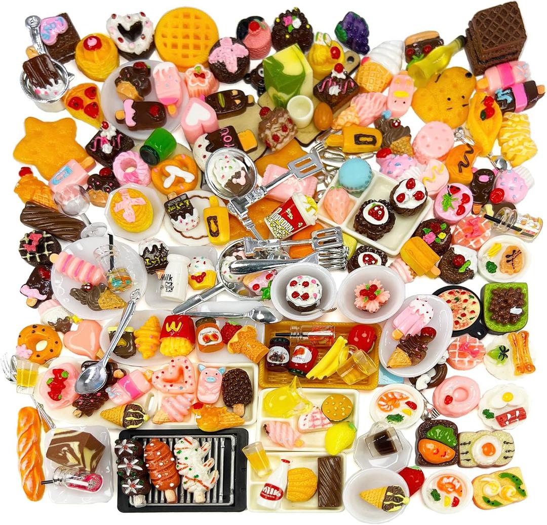 200 Piece Dollhouse Miniature Food Pretend Fast Food Toy Set Burger Fries Milk Cake Egg Bread Pizza Coffee etc Doll Food Kitchen Accessories Toys Kids Party Accessories Restaurant