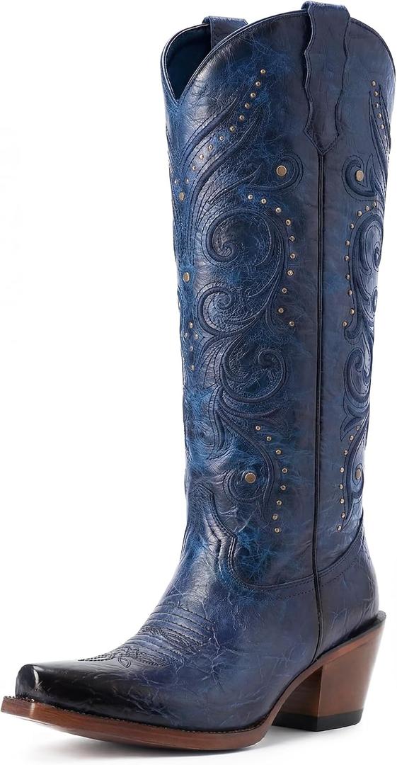 Knee High Womens Cowboy Boots Embroidered Pointed Toe Cowgirl Boots with Side Zipper Retro Western Chunky Heel Tall Boots, Size 7