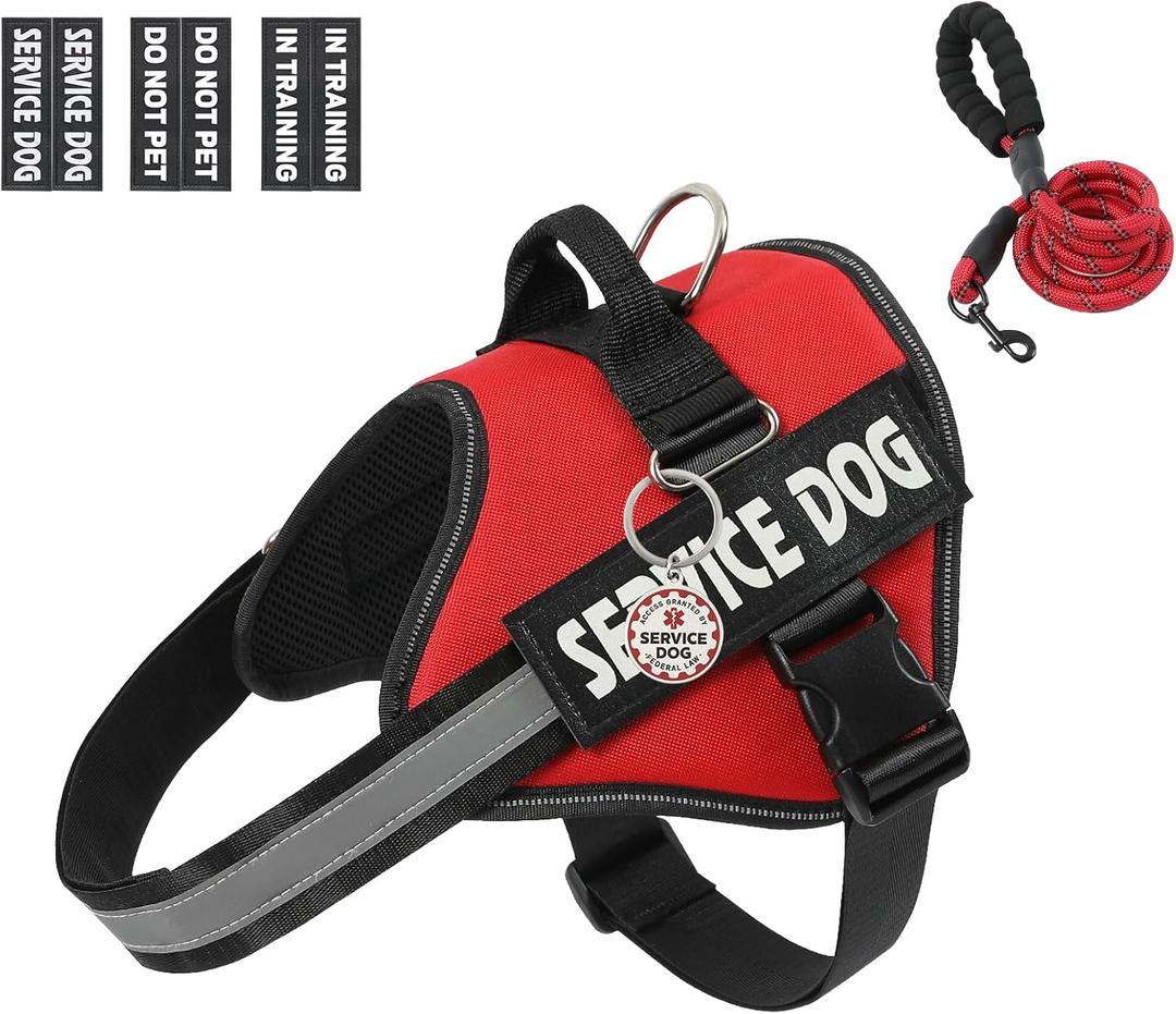VOOPET Service Dog Vest Harness+ ID Tag and Leash Set+6 Patches,No Pull&Adjustable Reflective Dog Harness for Training,Suitable for Small Medium and Large Dogs. (Small (Pack of 1), Red)