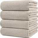 POLYTE Microfiber Oversize Quick Dry Lint Free Bath Towel, 60 x 30 in, 4 Pack (Beige, Waffle Weave)