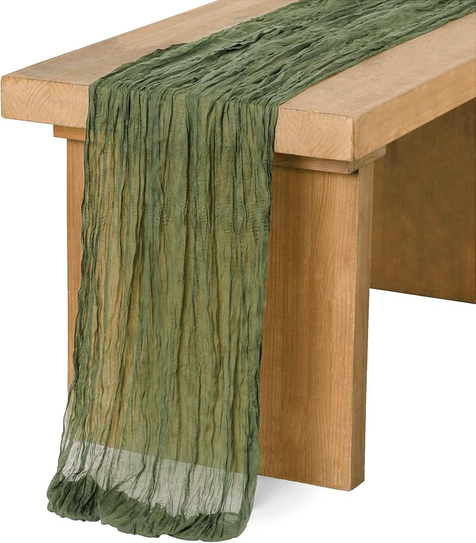 Ling's Moment 10Ft x 35" Wide Moss Green Gauze Semi-Sheer Table Runner Cheesecloth Tablecloth for Wedding Party Bridal Shower Boho Table Decor