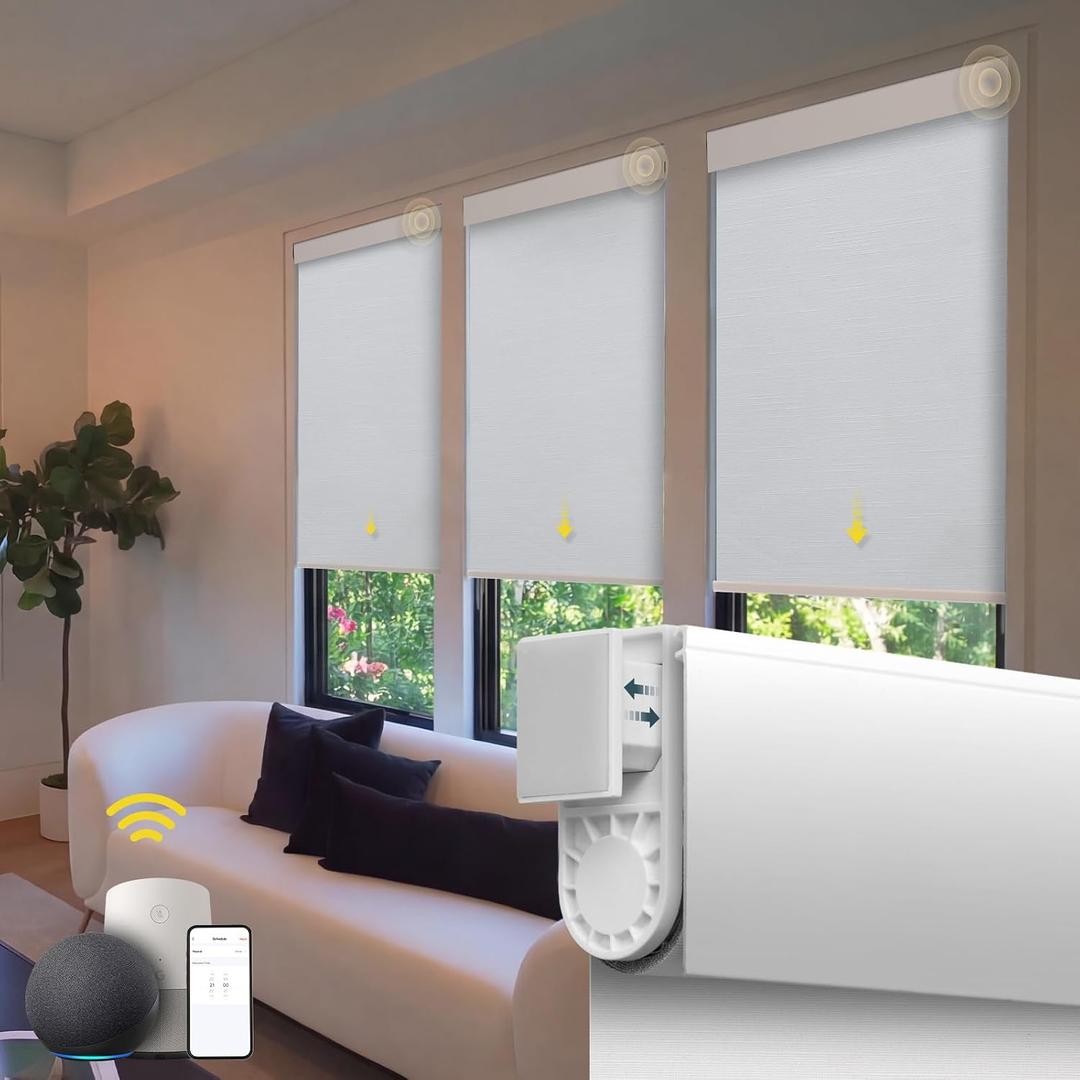 Motorized Blinds No Drill Automatic Blinds for Windows Cordless Roller Shades Electric Blinds with Remote Control Smart Blinds (White, 26.5 x 72)