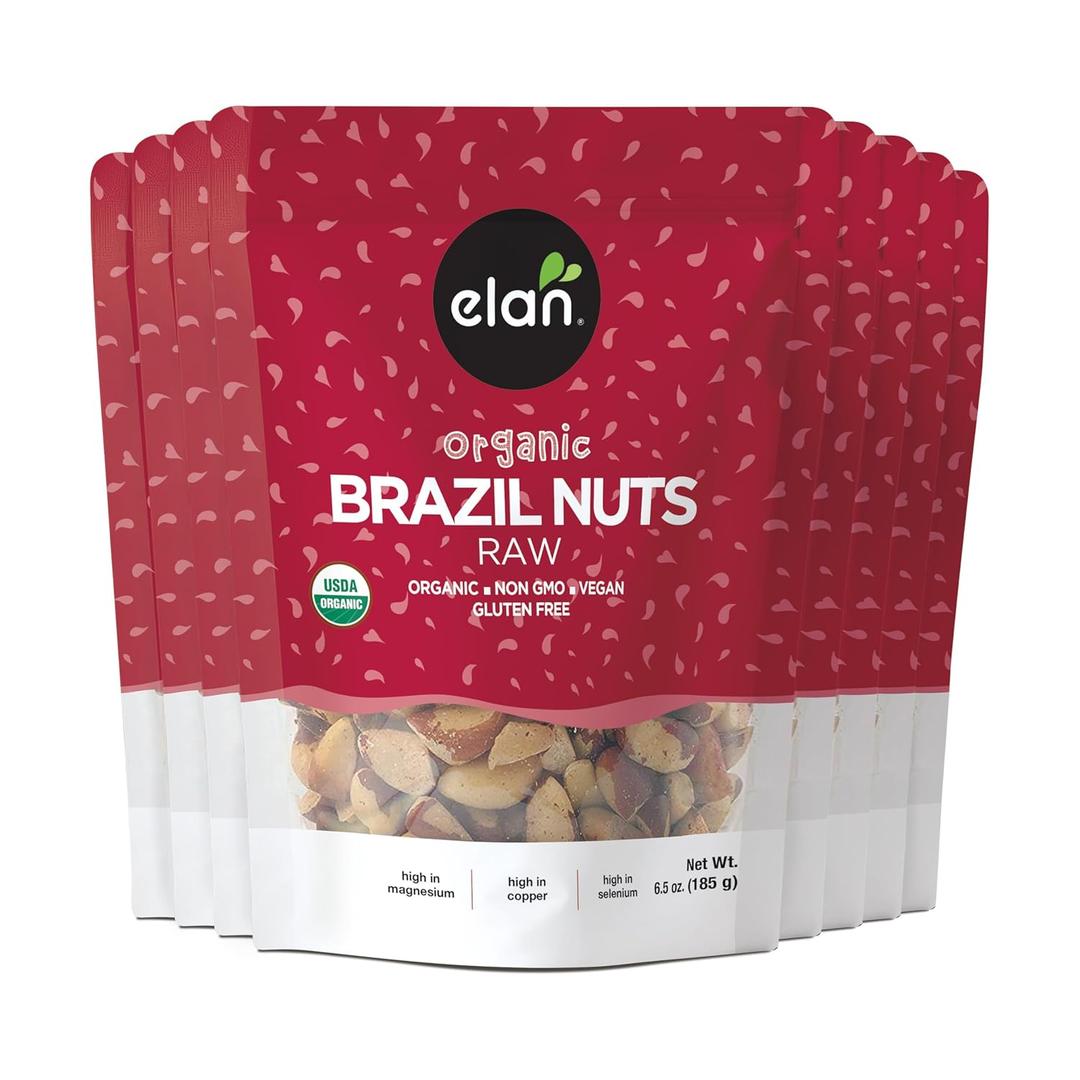 Elan Organic Raw Brazil Nuts, Whole Nuts, No Shell, Non-GMO, Vegan, Gluten-Free, Kosher, Healthy Snacks, 8 pack of 6.5 oz (EXP 03/12/27)