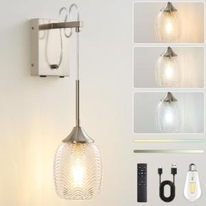 Battery Operated Wall Sconce Rechargeable Wall Light with Dimmable Bulbs and Remote Control Cordless Wall Lamps with Striped Glass Lampshade for Bedroom Living Room Hallway (Brushed Nickel)