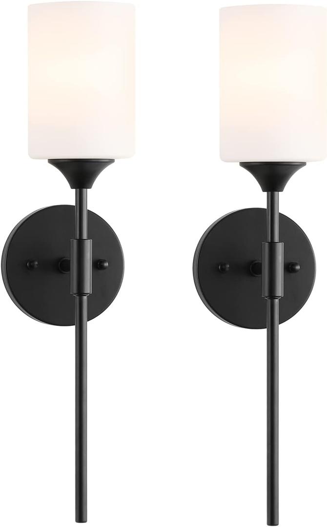 Mid Century Modern Wall Lamp 2 Pack with White Cylinder Glass Shades Matte Black Wall Sconce Bathroom Vanity Lighting Industrial Farmhouse Wall Light Fixtures for Mirror Bedroom Living Room