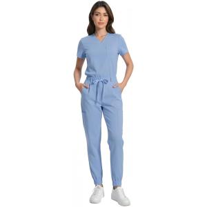 KUNGFU SCRUBS Women’s Scrub Set with 8 Pockets, Stretch V-Neck Scrub Top and Jogger Pants, Breathable Medical Uniforms for Nurses (Ceil Blue, XL)
