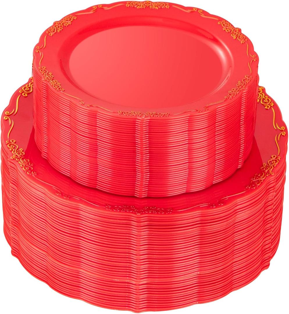 U-QE 100PCS Red Plastic Plates - Heavy Duty Red Disposable Plates Disposable with Gold Rim - Include 50PCS 10inch Dinner Plates and 50PCS 7.5inch Dessert/Salad Plates for Party