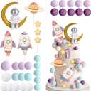 35Pcs Space Cake Topper Outer Space Astronaut Figurine Cake Decorations Planet Rocket Stars Pearl Balls DIY Cake Cupcake Toppers for Boys Girls Kids Space Themed Birthday Baby Shower Party Supplies