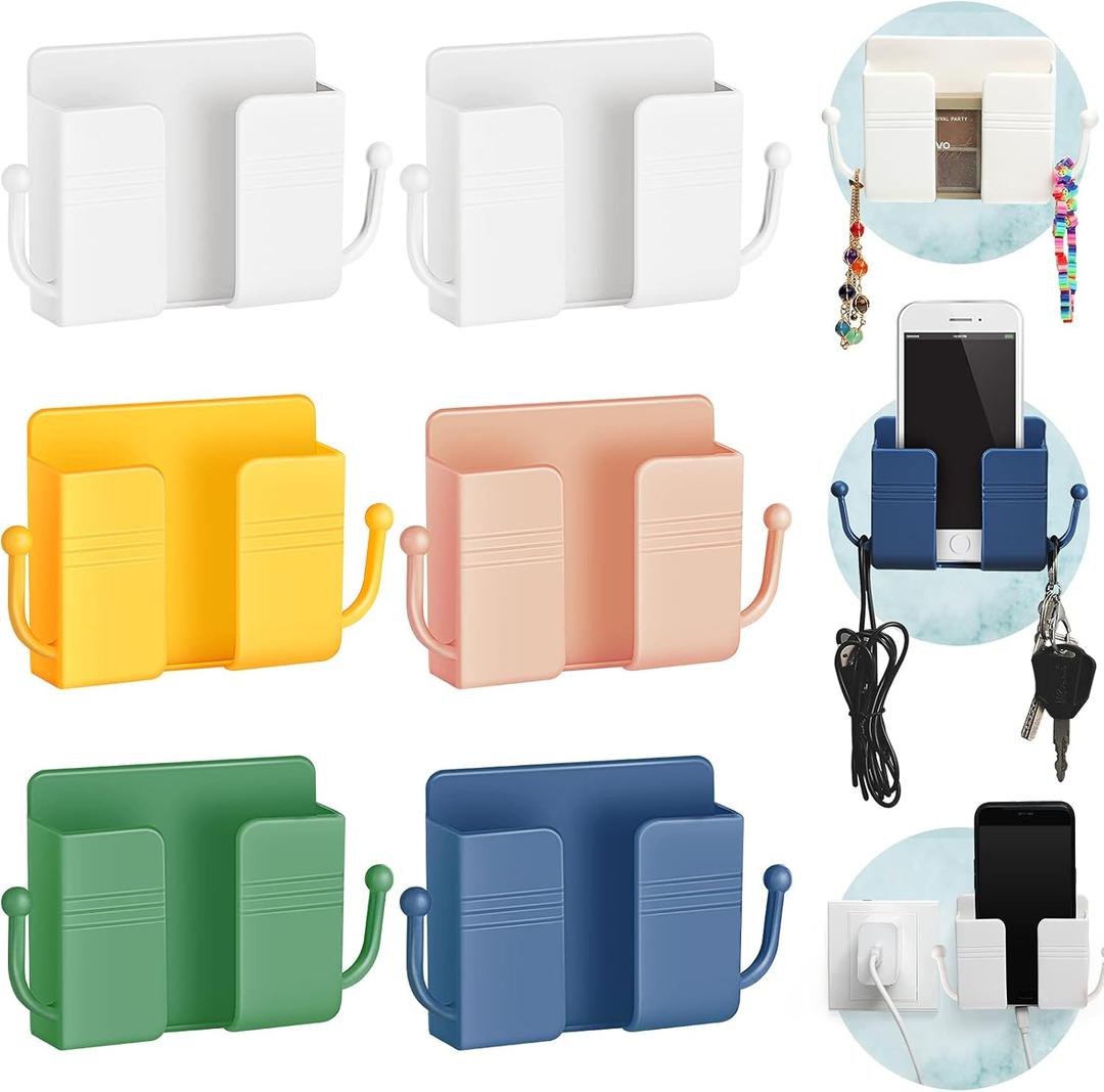 Jetec 6 Pcs Wall Mount Phone Holder Self-Adhesive Wall Beside Organizer Storage Box Plastic Charging Phone Stand Remote Brackets Holder for Bedroom(White, Yellow, Green, Pink, Blue)