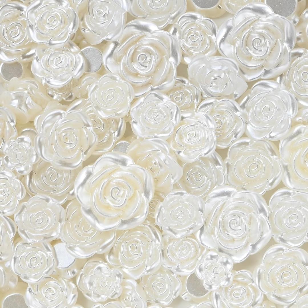 145Pcs Pearl Flower Buttons Beads for Crafts,Sewing Flatback Resin Junk Case Charms Wedding Decor White Buttons for Clothes,Slime Charms for Jewelry Making Bulk DIY Bracelet Hair Clip Phone Charms (Mixed Sizes)