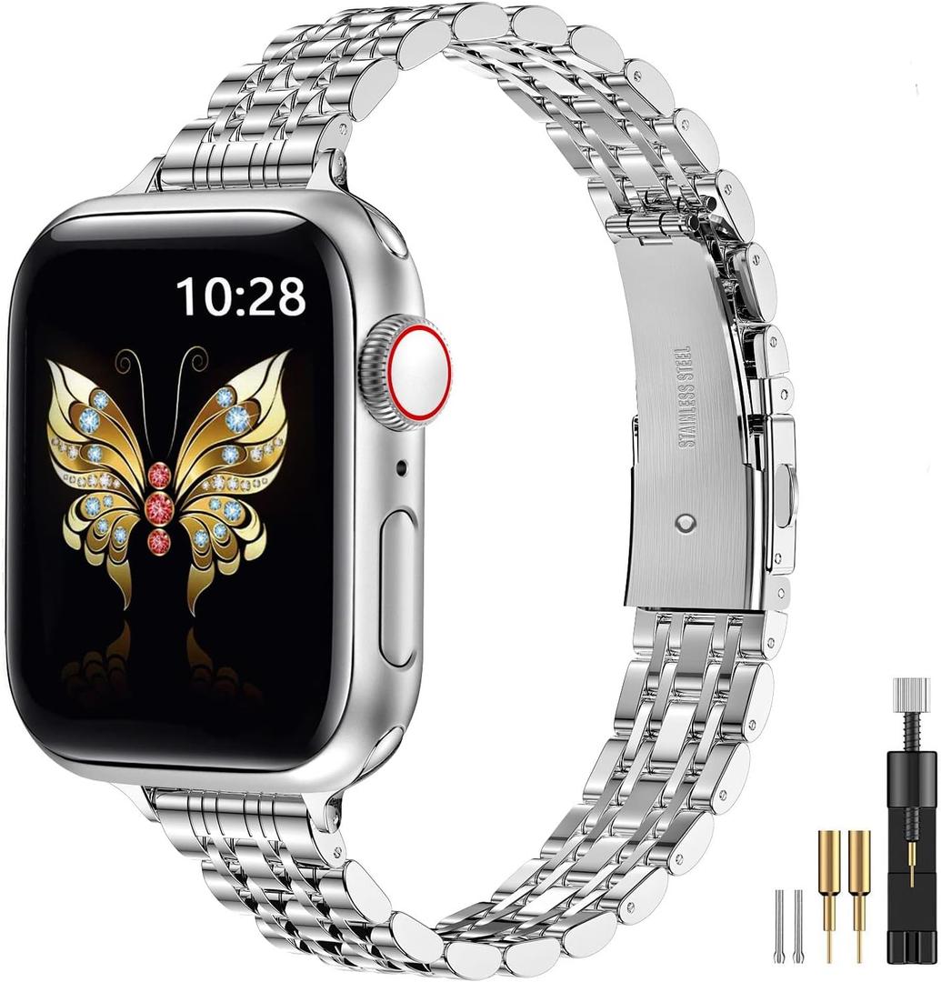 MioHHR Slim Metal Band Compatible with Apple Watch Band 42mm(Series 10) 41mm 40mm 38mm,Dressy Stainless Steel Chain Strap for Women iWatch Bands Series 9 8 7 6 5 4 3 2 1 SE,Silver
