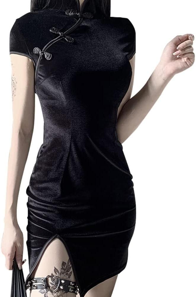STIOEDYUAN Chinese Cheongsam Short Sleeve Slim Side Slit Dress Dating Club Wear Evening Dress Women Velvet Bodycon Mini Dress, Large