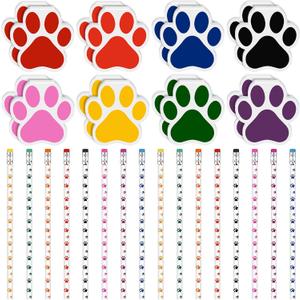 32 Pcs Party Favors Kids Stationery Include 8 Colors Paw Print Pencil and Notpads Colorful Wooden Writing Pencils and Small Notebooks for Birthday Gifts Classroom Supplies
