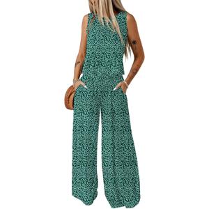 Dokotoo Pants Sets Women 2 Piece Outfits Sleeveless Round Neck Tank Tops Matching Sets for Women Elastic Waist Wide Leg (Blue, L)