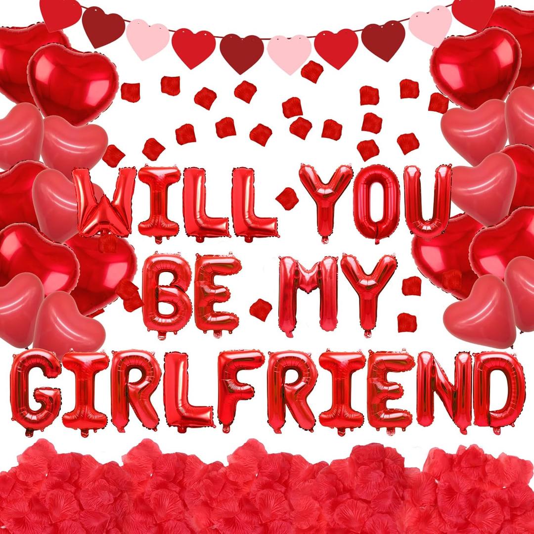 Red Will You Be My Girlfriend Balloons, Confession Balloons Decor 18" Letter Balloons 1000pcs Red Artificial Rose Petals 20Pcs Heart Balloons 33ft Red Ribbon Heart Pull Flag for Valentines Day