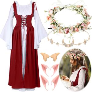Bonuci 6 Pcs Renaissance Fairy Costume Women Medieval Victorian Dress with Elf Ears Moon Head Chain Flower Crown Cosplay (X-Small, Wine Red)
