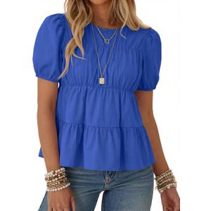 Rapbin Womens Puff Short Sleeve Babydoll Tops Summer Peplum Pleated Cotton T Shirts Casual Loose Fit Flowy Blouses (X-Large, Royal Blue)