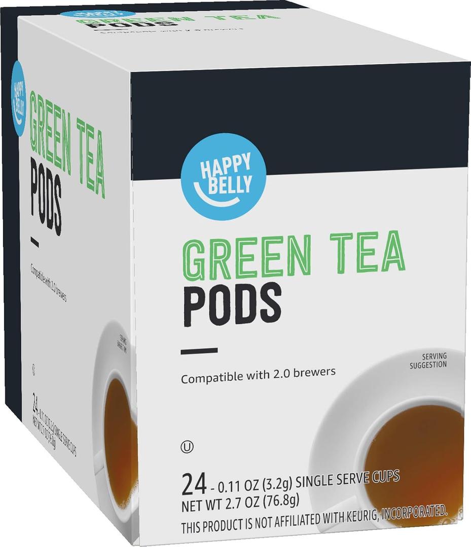Happy Belly Tea Pods Compatible with 2.0 K-Cup Brewers, Green Tea, 24 Count, BB Date: 10/02/27