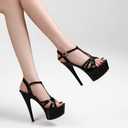 Womens Platform T-Strap High Stiletto Heel Sandals Fashion Slingback Round Peep Toe Thick Sole High Heels With Adjustable Ankle Strap Buckle For Party Prom 38
