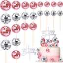 Teenyyou 24 Pcs Disco Ball Cupcake Toppers Happy Birthday Cake Topper 1970s Retro Cake Decorations Shiny Pink Mini Disco Ball Toppers for 70s 80s Theme Party Supplies(Pink and Silver)