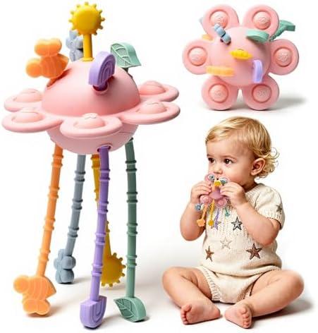 Silicone Baby Sensory Montessori Toys & Pull String Teething Toys for 6-12-18 Months, Toddler Birthday Gift Car Seat Airplane Travel for 1 2 Year Old Boy Girl Infant 8 9 10 Months Old (Pink)
