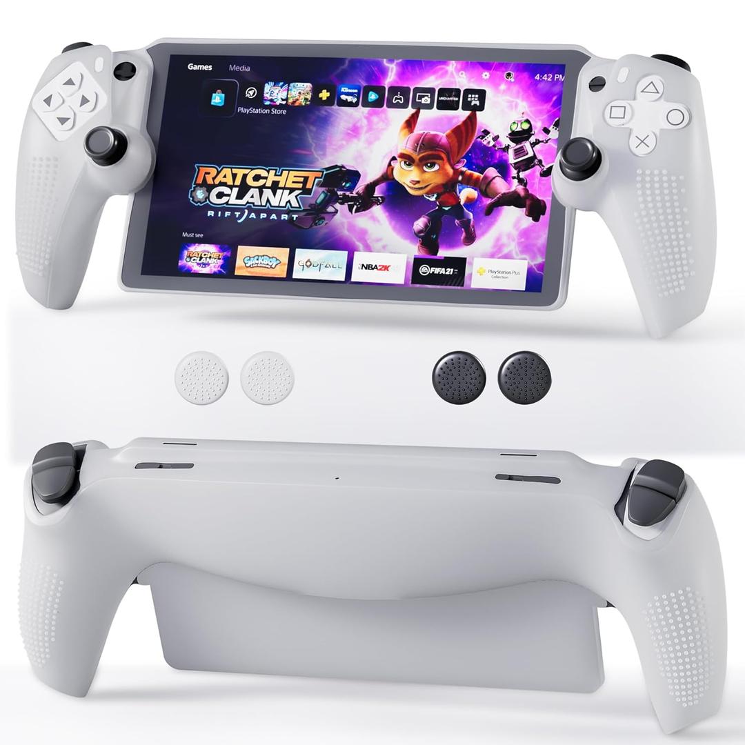 FUNDIARY White Silicone Grip Protective Skin for PS Portal Remote Player, Comfortable Ergonomic Soft Grip Cover Case Protector with Non-Slip Shock Absorption Protection Accessories and 4 Thumb Caps